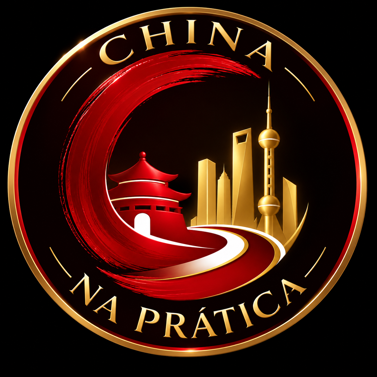 China Na Prática: símbolo vermelho e dourado com arquitetura chinesa e um caminho ligando os dois países